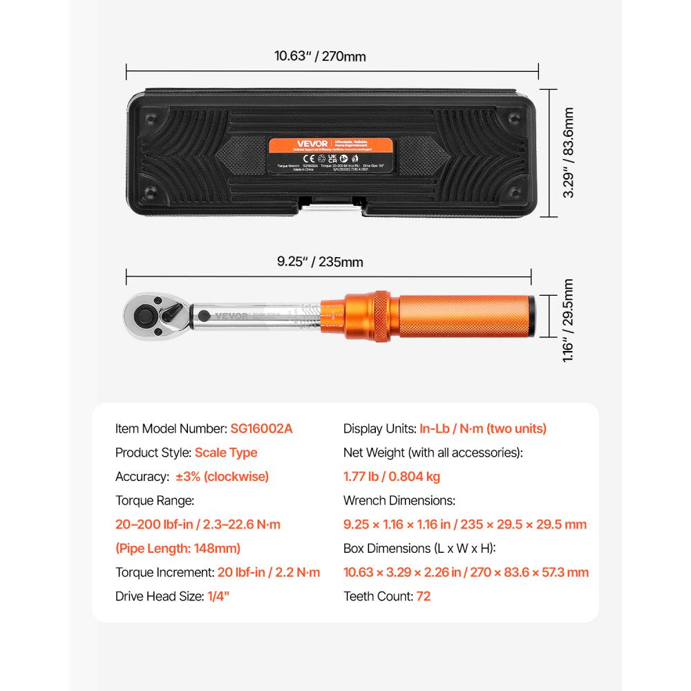 VEVOR Click Torque Wrench Set, 1/4Inch Drive, 20-200lbf-in/2.3-22.6N.m, Dual-direction and Dual Range Scales, 72-Tooth, ±3% High Precision, with Bit Sockets, Extension Bar, for Bicycle Repair, Orange