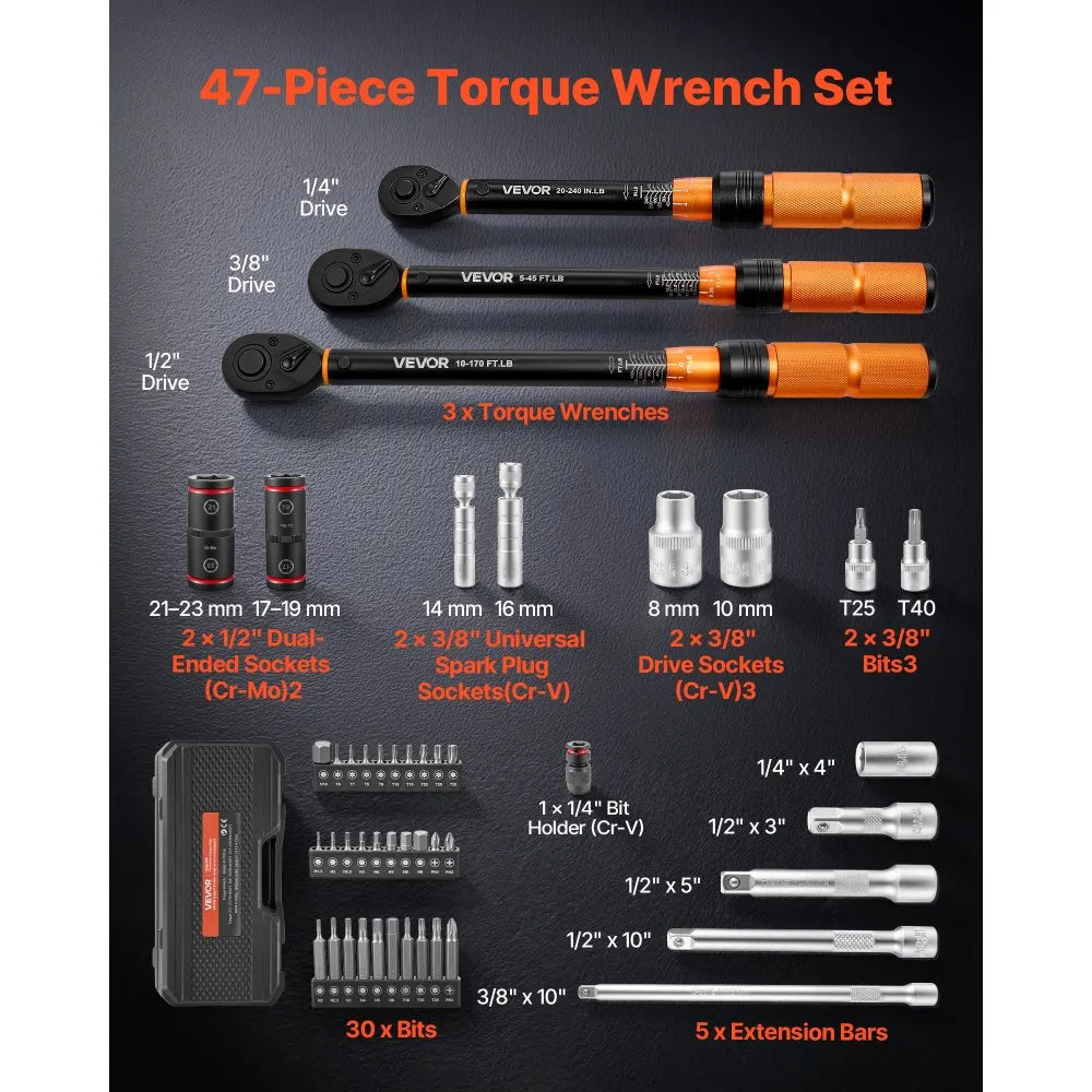 VEVOR Torque Wrench Set 1/4" 3/8" 1/2" Drive Click Torque Wrench 47-Piece, Dual Scale Readings, ±3% High Precision, with Spark Plug Sockets, Bits, Extension Bars, Storage Case, for Automotive Repair