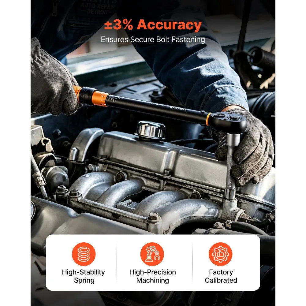 VEVOR Torque Wrench Set 1/4" 3/8" 1/2" Drive Click Torque Wrench 47-Piece, Dual Scale Readings, ±3% High Precision, with Spark Plug Sockets, Bits, Extension Bars, Storage Case, for Automotive Repair