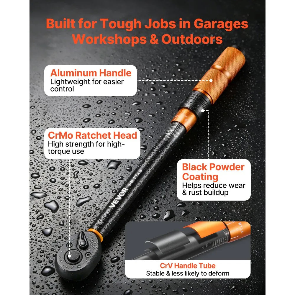 VEVOR Torque Wrench Set 1/4" 3/8" 1/2" Drive Click Torque Wrench 47-Piece, Dual Scale Readings, ±3% High Precision, with Spark Plug Sockets, Bits, Extension Bars, Storage Case, for Automotive Repair
