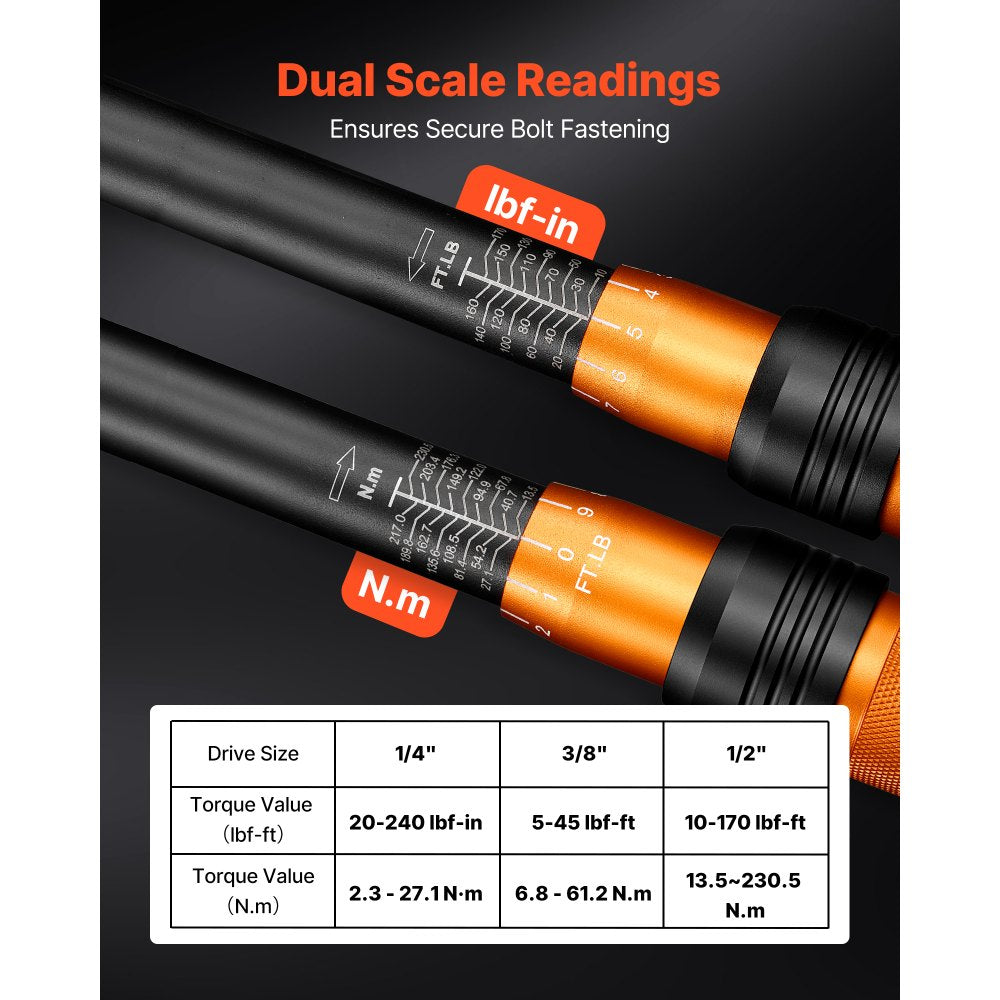 VEVOR Torque Wrench Set 1/4" 3/8" 1/2" Drive Click Torque Wrench 47-Piece, Dual Scale Readings, ±3% High Precision, with Spark Plug Sockets, Bits, Extension Bars, Storage Case, for Automotive Repair