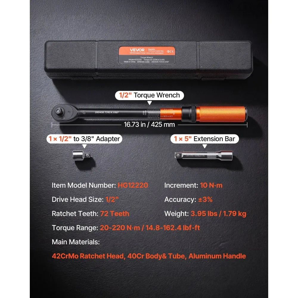 VEVOR Torque Wrench, 1/2-inch Drive Click Torque Wrench, 14.8-162.4 lbf-ft / 20-220 N.m, Dual Scale Readings, ±3% High Precision, with Extension Bar, Adapter and Storage Case, for Automotive Repair