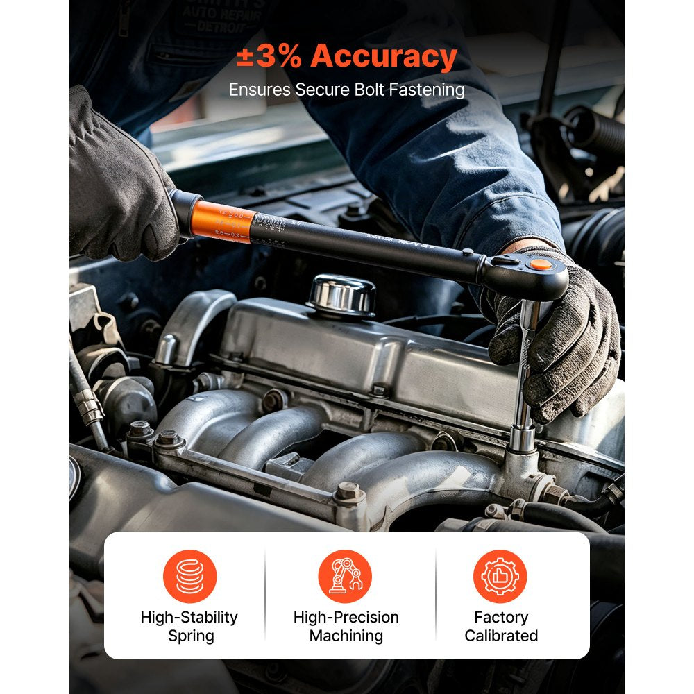 VEVOR Torque Wrench, 1/2-inch Drive Click Torque Wrench, 14.8-162.4 lbf-ft / 20-220 N.m, Dual Scale Readings, ±3% High Precision, with Extension Bar, Adapter and Storage Case, for Automotive Repair