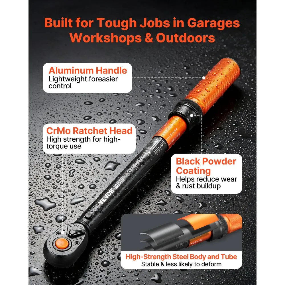 VEVOR Torque Wrench, 1/2-inch Drive Click Torque Wrench, 14.8-162.4 lbf-ft / 20-220 N.m, Dual Scale Readings, ±3% High Precision, with Extension Bar, Adapter and Storage Case, for Automotive Repair