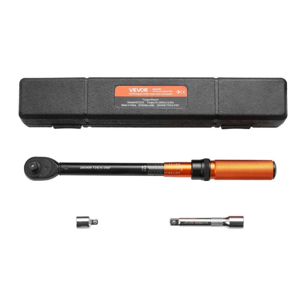 VEVOR Torque Wrench, 1/2-inch Drive Click Torque Wrench, 14.8-162.4 lbf-ft / 20-220 N.m, Dual Scale Readings, ±3% High Precision, with Extension Bar, Adapter and Storage Case, for Automotive Repair