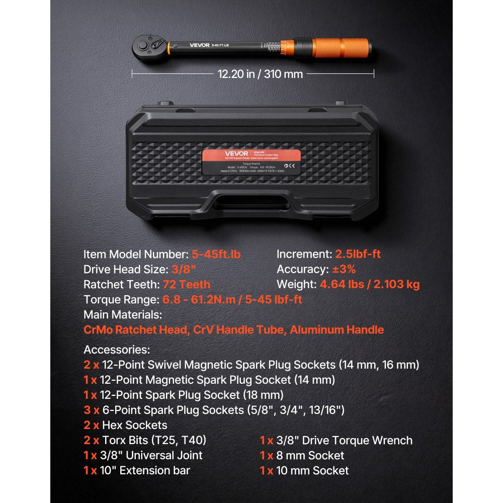 VEVOR Torque Wrench 3/8-inch Drive Click Torque Wrench Dual Scale Readings, 5-45 lbf-ft / 6.8-61.2 N.m, ±3% High Precision, with Spark Plug Sockets, Bits, Universal Joint, Extension Bar, Storage Case