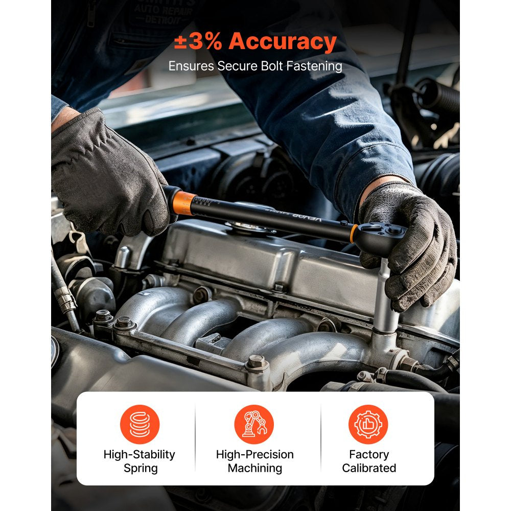 VEVOR Torque Wrench 3/8-inch Drive Click Torque Wrench Dual Scale Readings, 5-45 lbf-ft / 6.8-61.2 N.m, ±3% High Precision, with Spark Plug Sockets, Bits, Universal Joint, Extension Bar, Storage Case