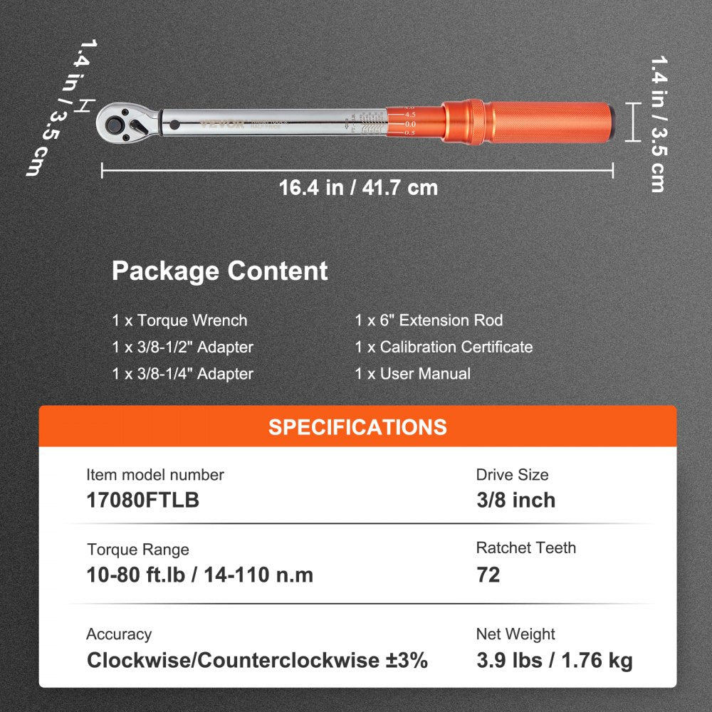 VEVOR Torque Wrench, 3/8-inch Drive Click Torque Wrench 10-80ft.lb/14-110n.m, Dual-Direction Adjustable Torque Wrench Set, Mechanical Dual Range Scales Torque Wrench Kit with Adapters Extension Rod
