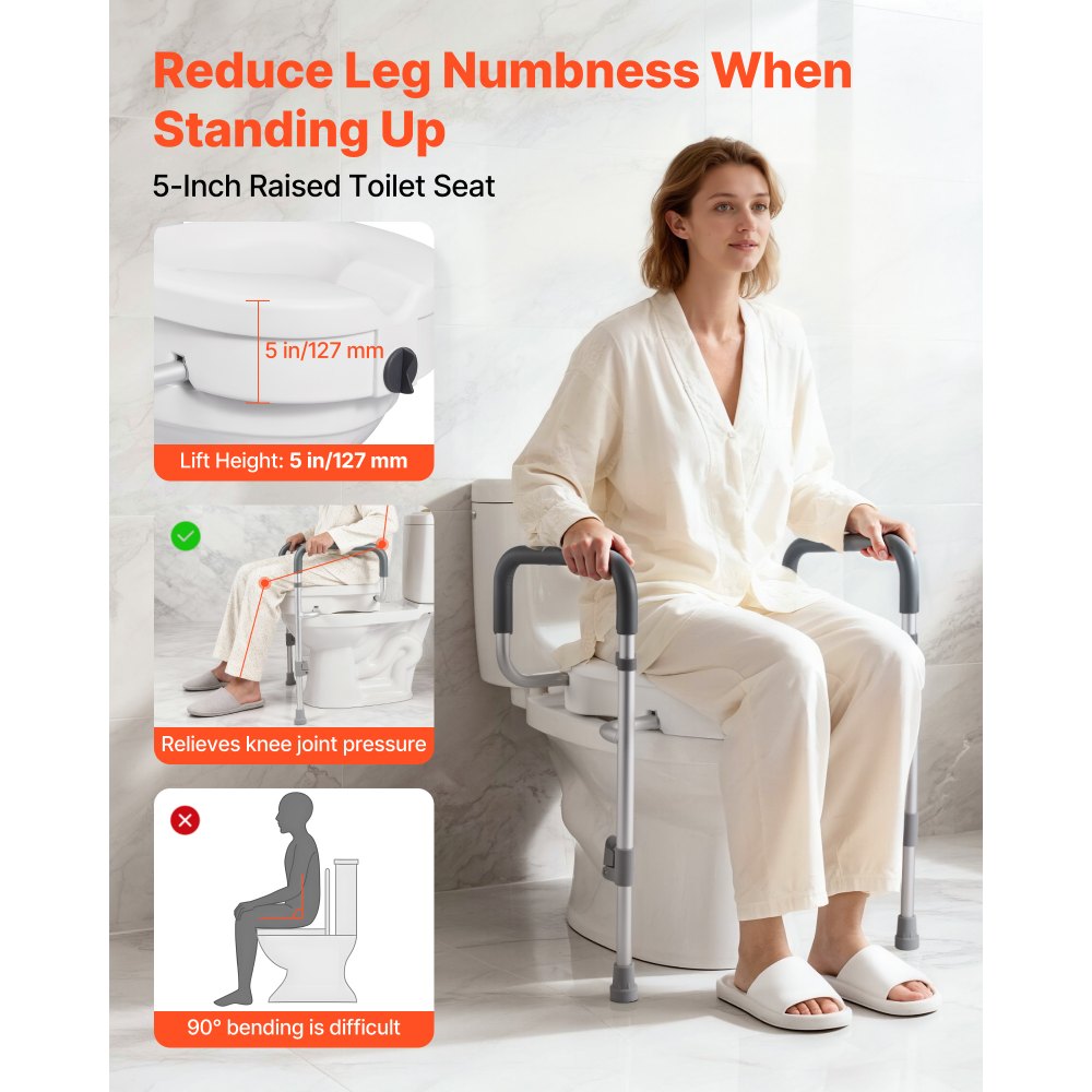 VEVOR Raised Toilet Seat with Arms, 350 lbs Capacity, 5-Inch Lift Height & Adjustable Width, Widened Commode Elevated Toilet Seat Riser with Handles for Seniors, Elderly, Handicap, Disabled, Adults