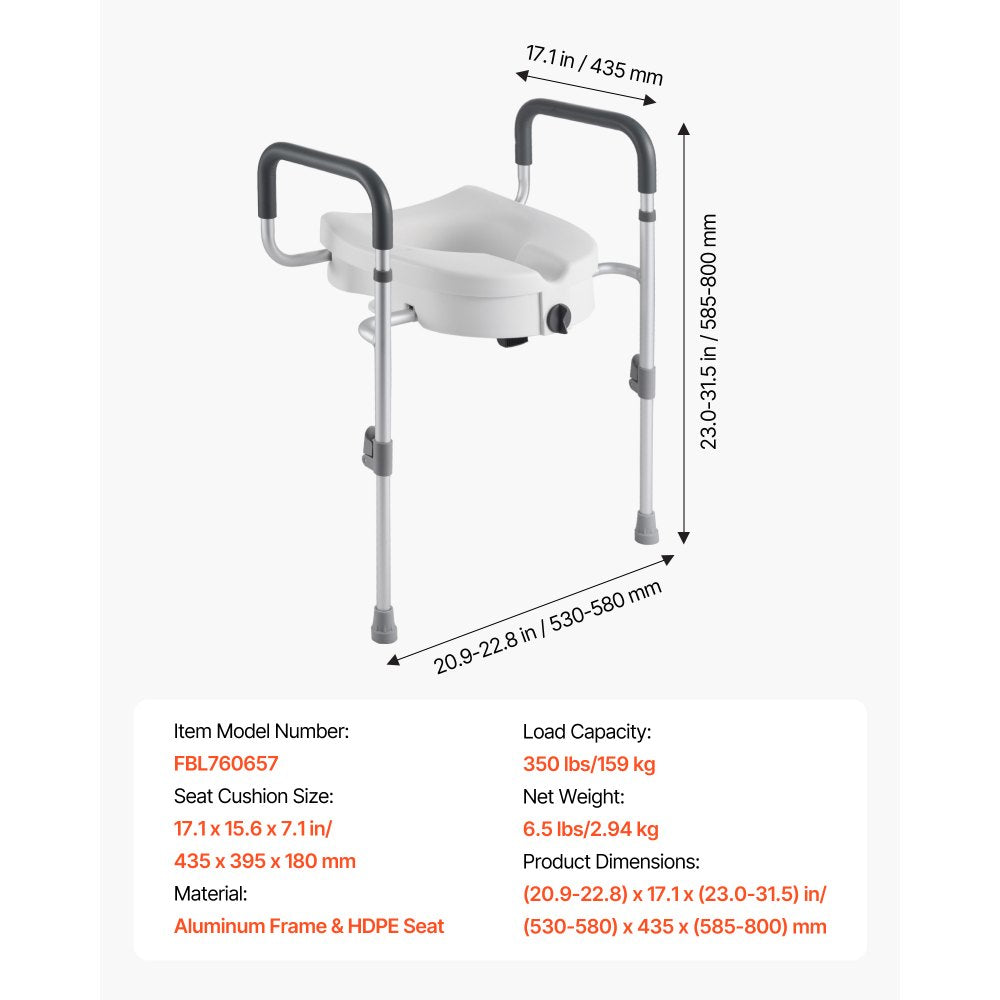 VEVOR Raised Toilet Seat with Arms, 350 lbs Capacity, 5-Inch Lift Height & Adjustable Width, Widened Commode Elevated Toilet Seat Riser with Handles for Seniors, Elderly, Handicap, Disabled, Adults