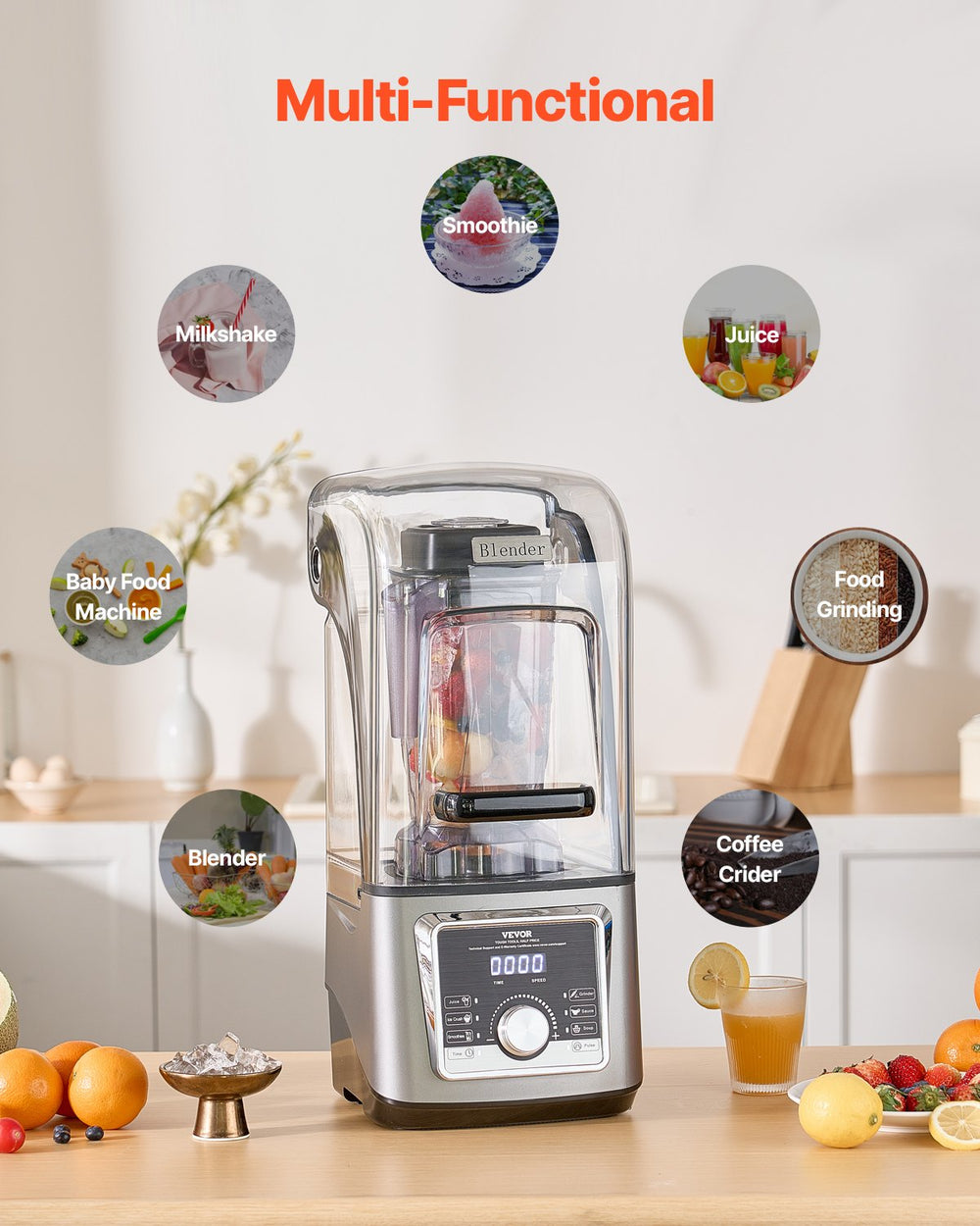 VEVOR Blender for Smoothies, 85 oz 1400W, Professional Blender with Powerful Motor, Multi-Functional Food Processing Blender with Noise Cover for Smoothie/Milkshake/Juice, Fits for Kitchen