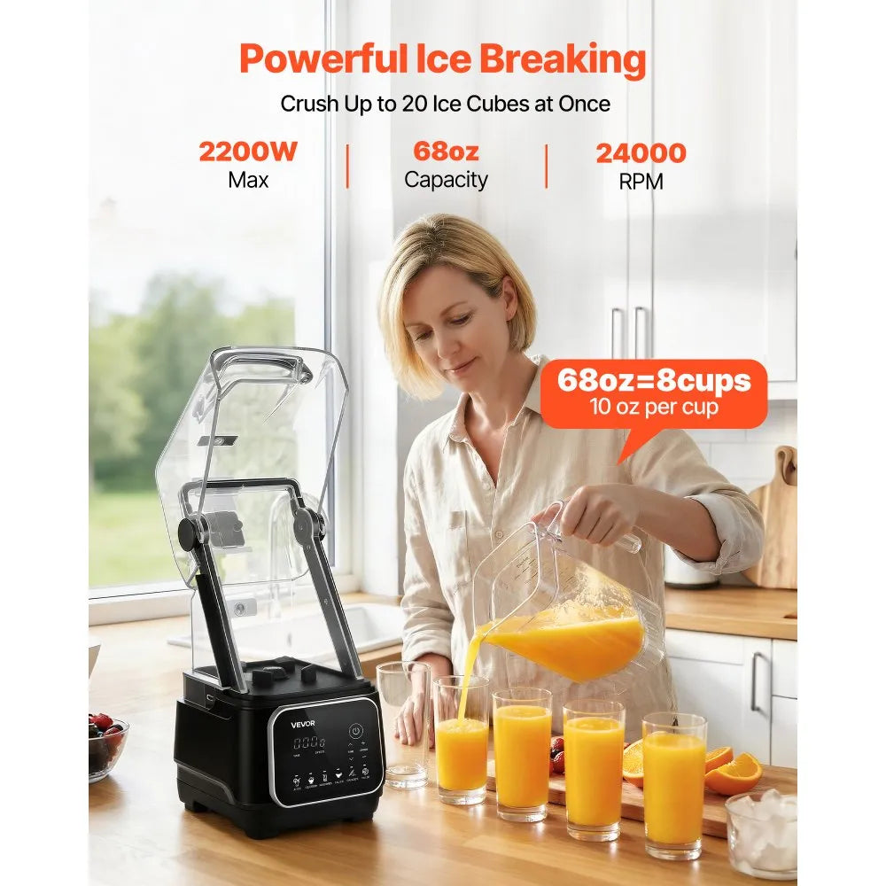 VEVOR Blender, 68 oz Professional Countertop Blenders with Shield, 2200W 26000RPM Kitchen Food Processor Combo, Self-Cleaning, Speed Adjustable, 6 Preset Menu for Smoothies, Ice Crushing, Puree, Black