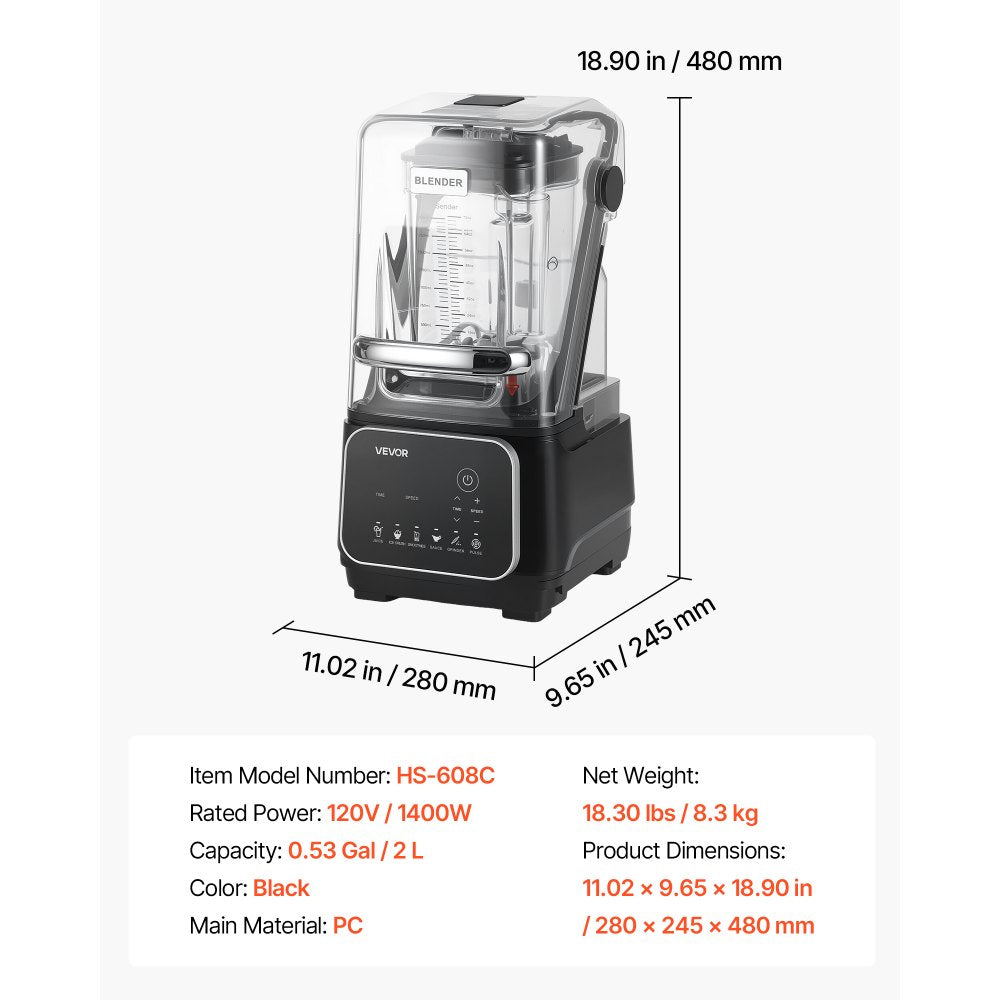 VEVOR Blender, 68 oz Professional Countertop Blenders with Shield, 2200W 26000RPM Kitchen Food Processor Combo, Self-Cleaning, Speed Adjustable, 6 Preset Menu for Smoothies, Ice Crushing, Puree, Black