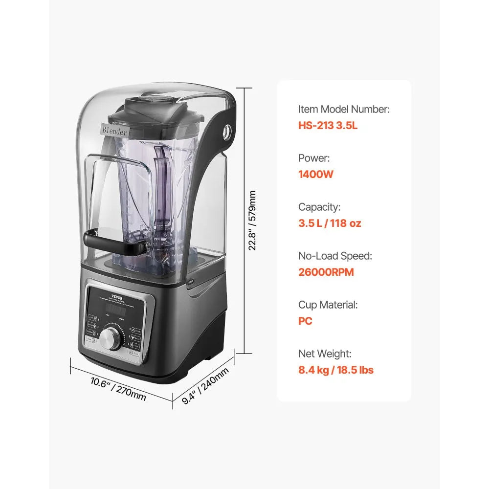 VEVOR Blender for Smoothies, 135 oz 1400W, Professional Blender with Powerful Motor, Multi-Functional Food Processing Blender with Noise Cover for Smoothie/Milkshake/Juice, Fits for Kitchen