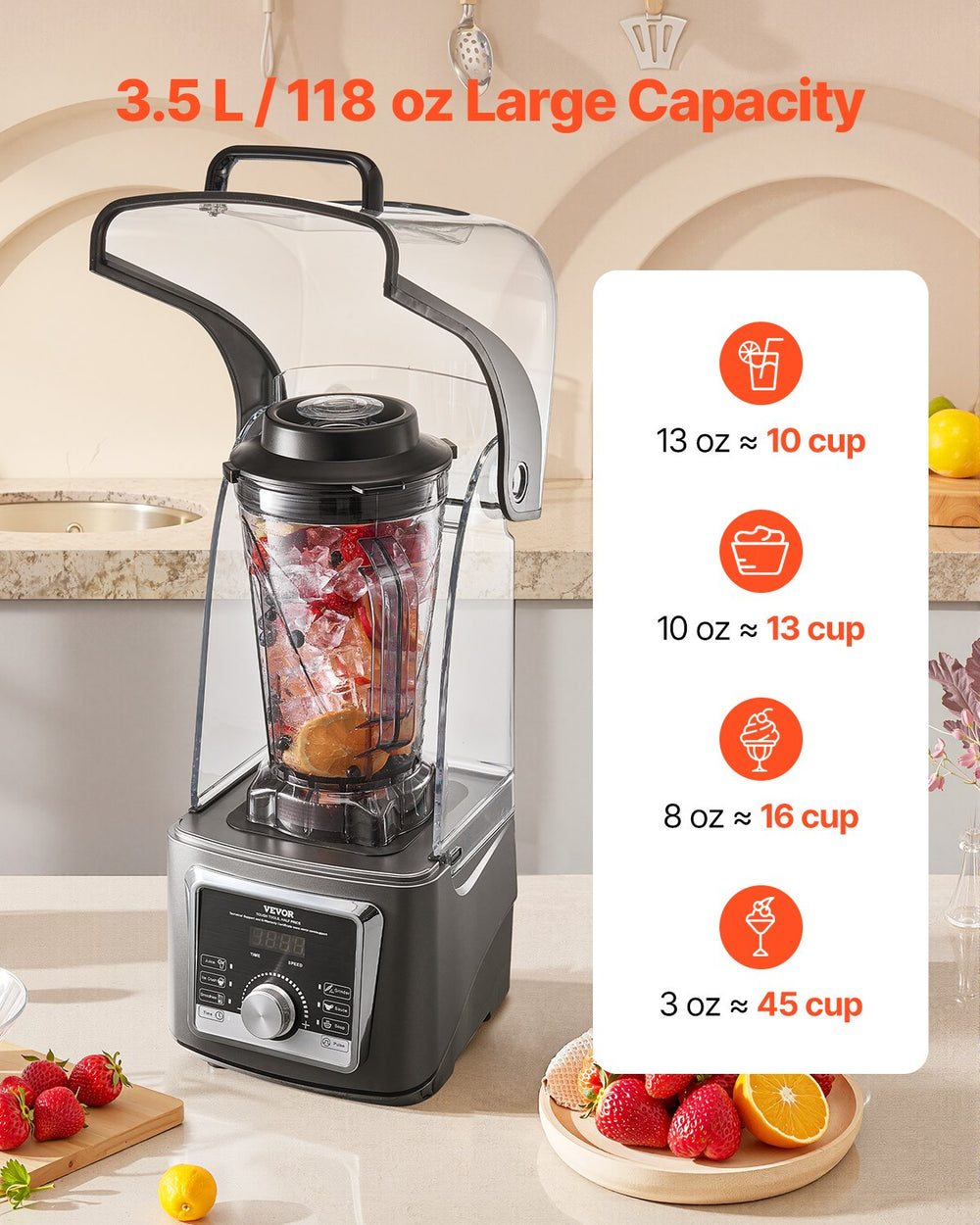VEVOR Blender for Smoothies, 135 oz 1400W, Professional Blender with Powerful Motor, Multi-Functional Food Processing Blender with Noise Cover for Smoothie/Milkshake/Juice, Fits for Kitchen