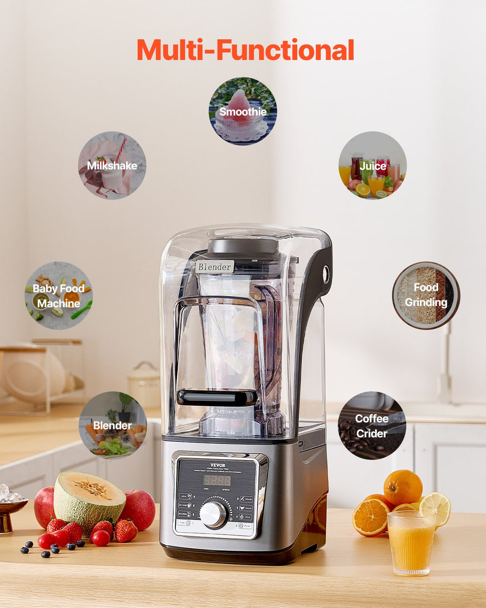 VEVOR Blender for Smoothies, 135 oz 1400W, Professional Blender with Powerful Motor, Multi-Functional Food Processing Blender with Noise Cover for Smoothie/Milkshake/Juice, Fits for Kitchen