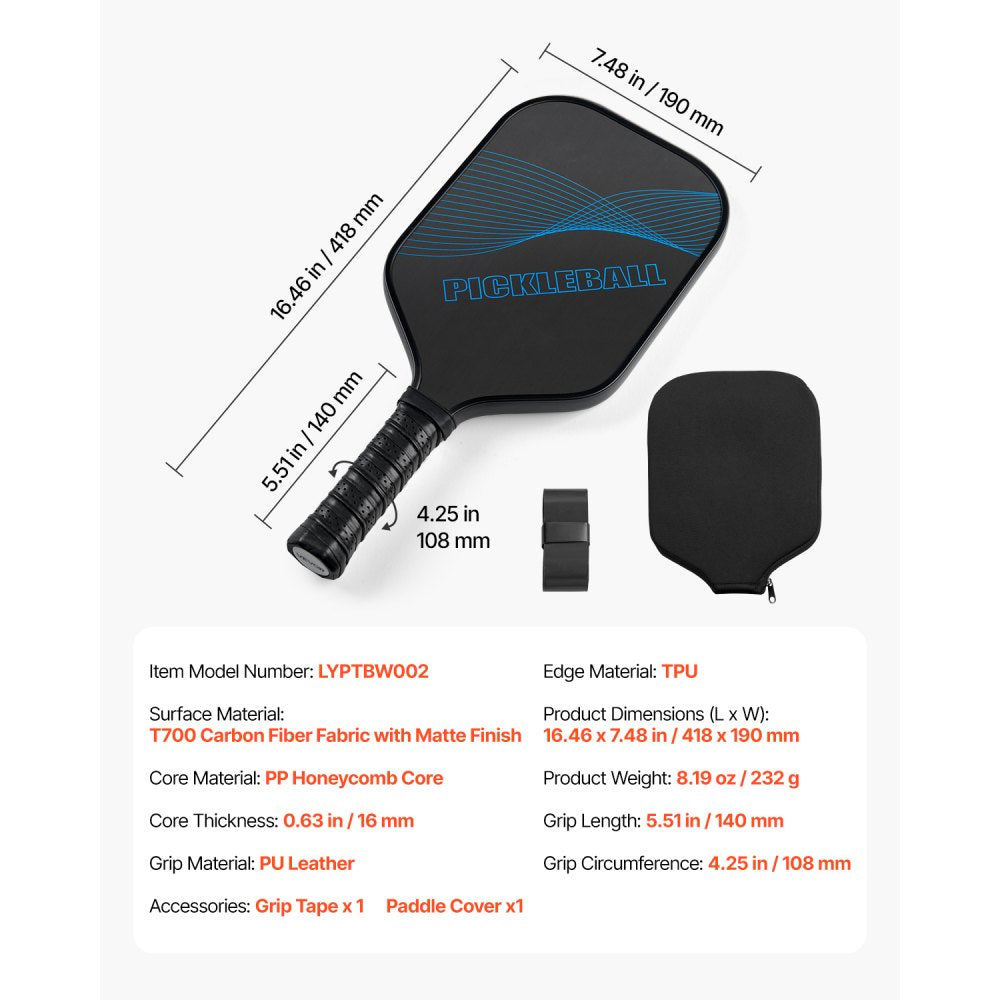 VEVOR Pickleball Paddle, T700 Carbon Fiber Surface & Honeycomb Core, Professional Pickleball Paddle with Increased Power & Control & Spin, Pro Pickle Ball Racket for Adults, Men & Women, Blue