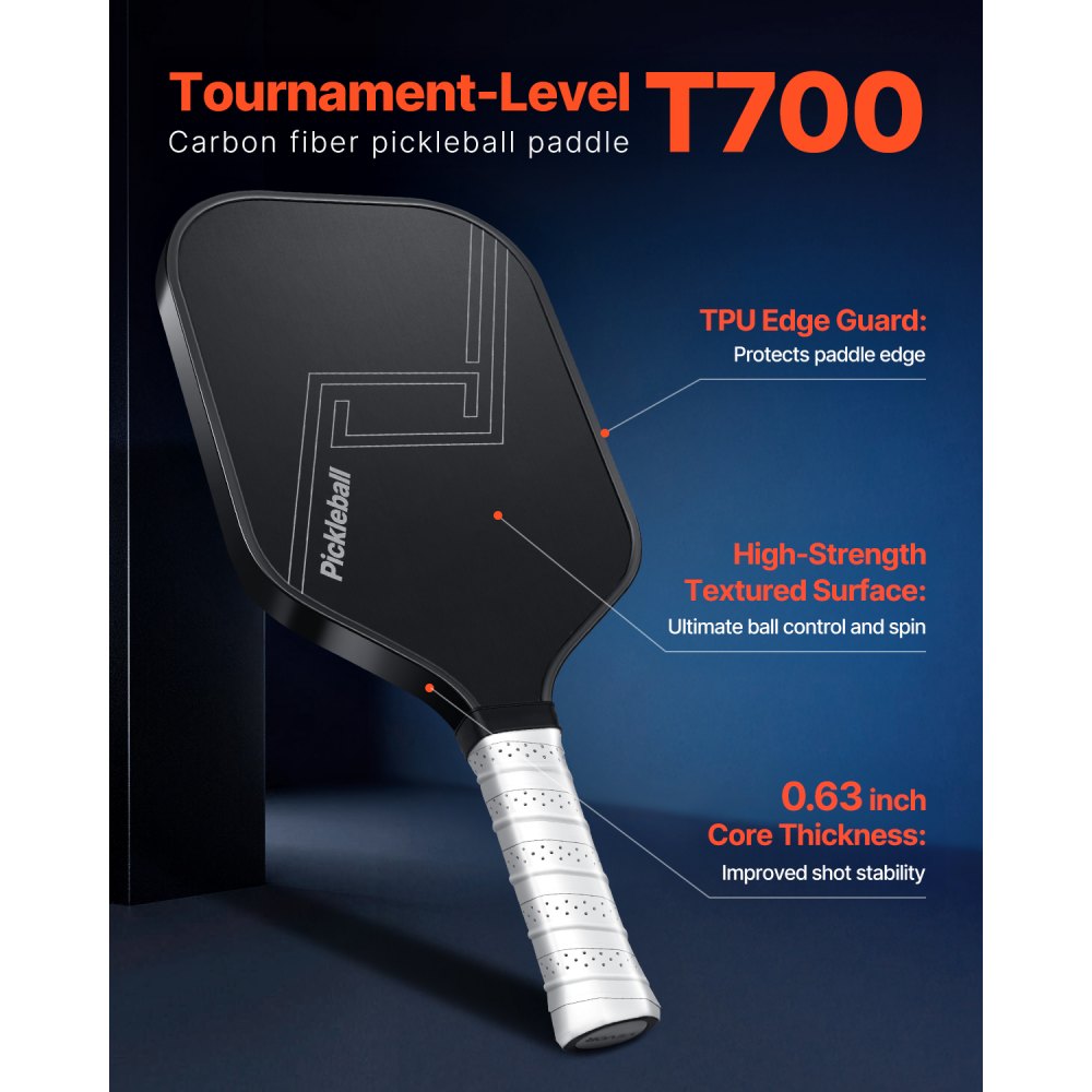 VEVOR Pickleball Paddle, T700 Carbon Fiber Surface & Honeycomb Core, Professional Pickleball Paddle with Increased Power & Control & Spin, Pro Pickle Ball Racket for Adults, Men & Women, Black