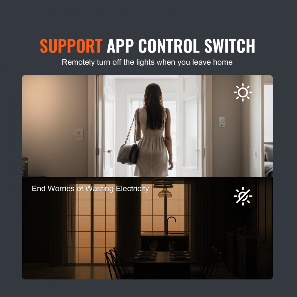 VEVOR WiFi Smart Light Dimmer Switch, 100-250V AC Wi-Fi 2.4GHz, 15% to 85% Stepless Dimming LED Dimmable Smart Switch with Touch Panel, App Remote Control Voice Compatible with Alexa Google Home