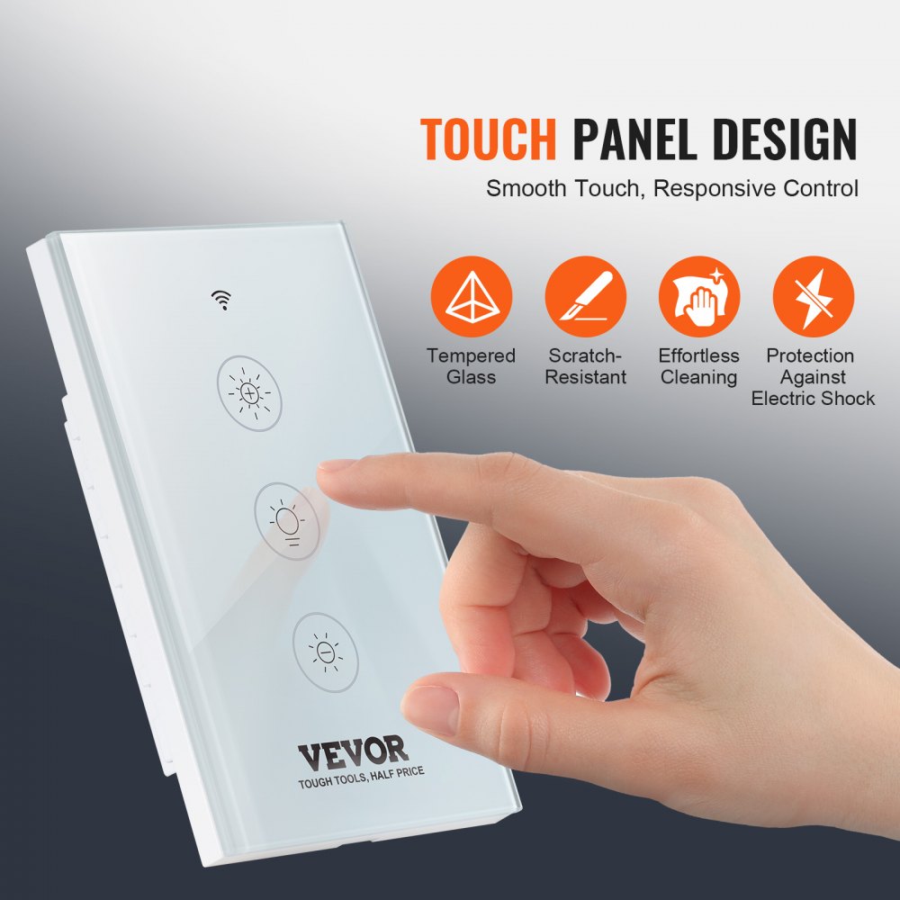 VEVOR 2PCS WiFi Smart Light Dimmer Switch, 100-250V AC Wi-Fi 2.4GHz, 15% to 85% Stepless Dimming LED Dimmable Smart Switch with Touch Panel, App Remote Control Voice Compatible with Alexa Google Home