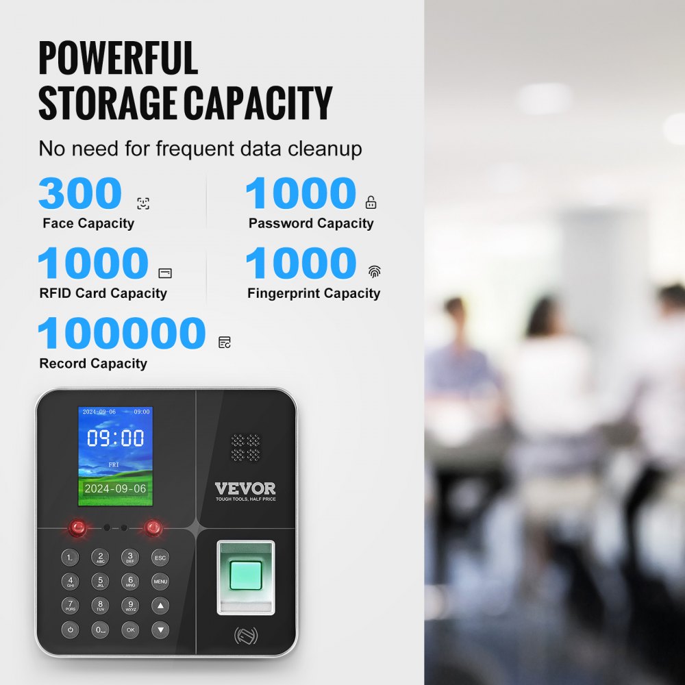 VEVOR Time Clocks for Employees Small Business with Face, Fingerprint, RFID and PIN Punching in One, Biometric Time Clock with 5 RFID Cards & USB Drive, Automatic Punch In/Out, No Monthly Fees