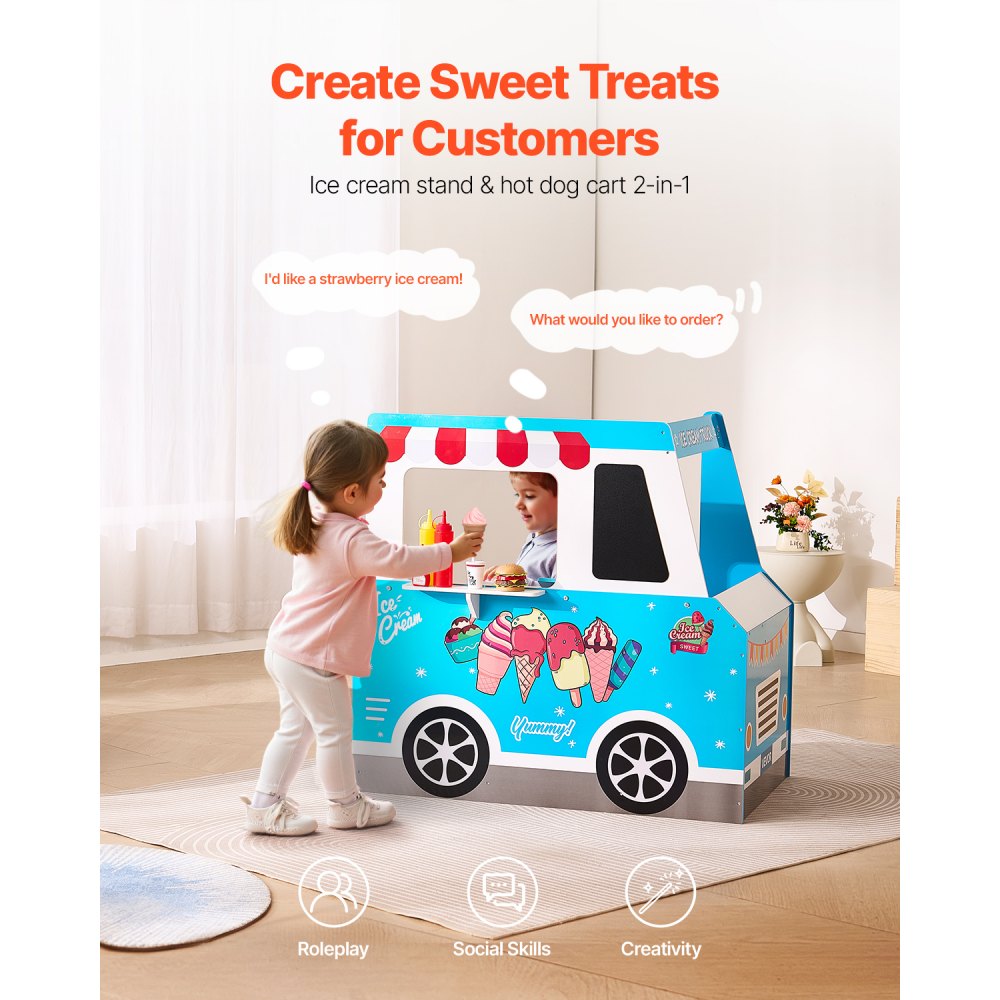 VEVOR Ice Cream Cart for Kids, 20+ PCS Ice Cream Truck Wooden Playset, Pretend Play Stand with Steering Wheel & Chalkboard, Payment Scanner & Freezer, Faucet & Sink, Suitable for Kids 3-7 Years Old