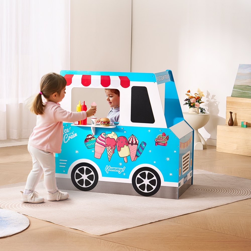 VEVOR Ice Cream Cart for Kids, 20+ PCS Ice Cream Truck Wooden Playset, Pretend Play Stand with Steering Wheel & Chalkboard, Payment Scanner & Freezer, Faucet & Sink, Suitable for Kids 3-7 Years Old