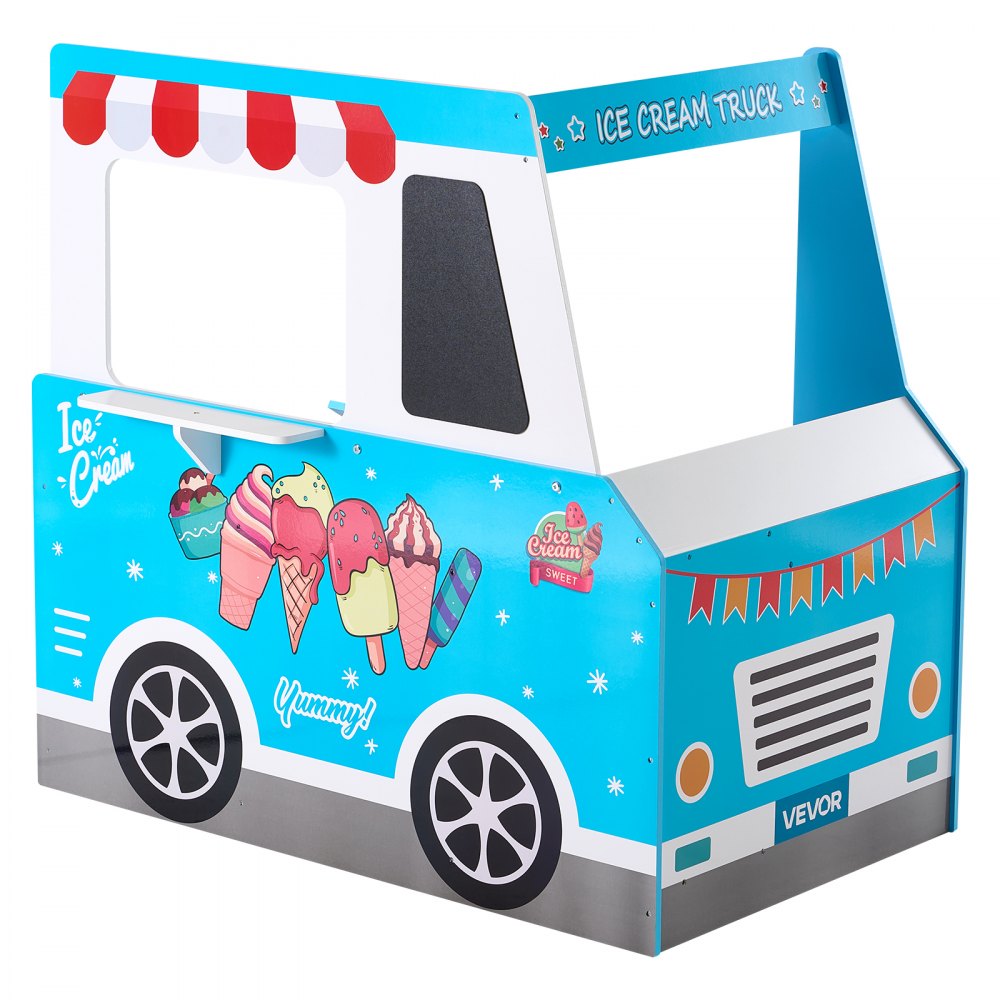 VEVOR Ice Cream Cart for Kids, 20+ PCS Ice Cream Truck Wooden Playset, Pretend Play Stand with Steering Wheel & Chalkboard, Payment Scanner & Freezer, Faucet & Sink, Suitable for Kids 3-7 Years Old