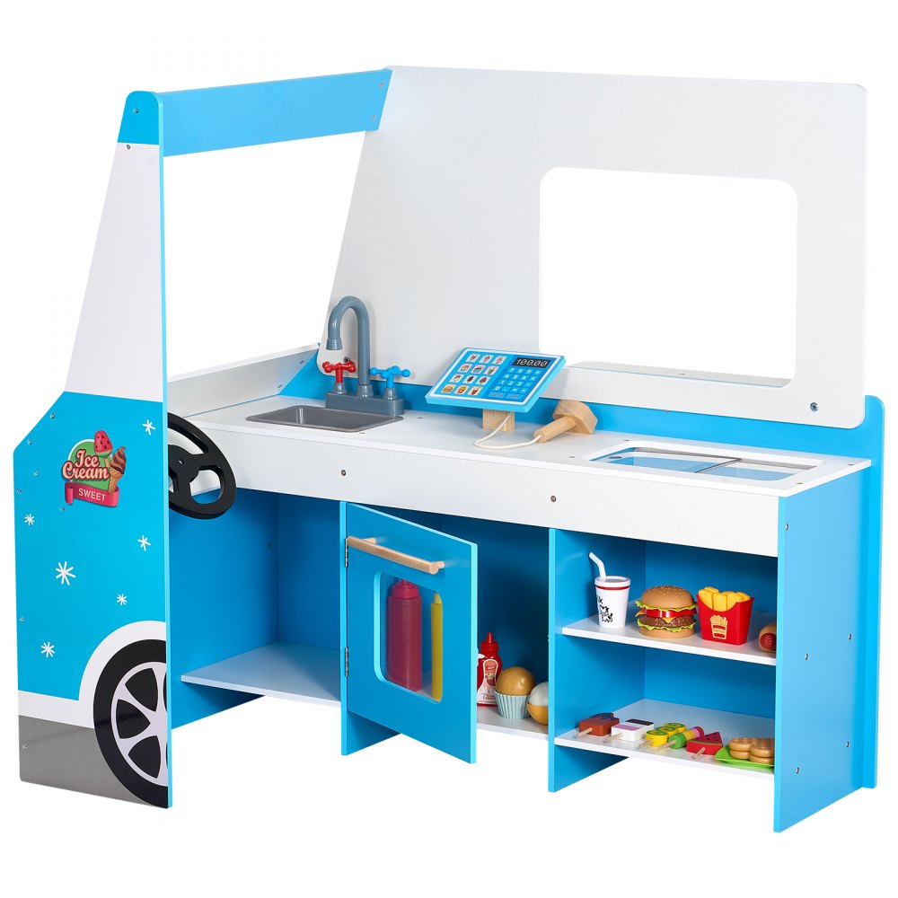 VEVOR Ice Cream Cart for Kids, 20+ PCS Ice Cream Truck Wooden Playset, Pretend Play Stand with Steering Wheel & Chalkboard, Payment Scanner & Freezer, Faucet & Sink, Suitable for Kids 3-7 Years Old