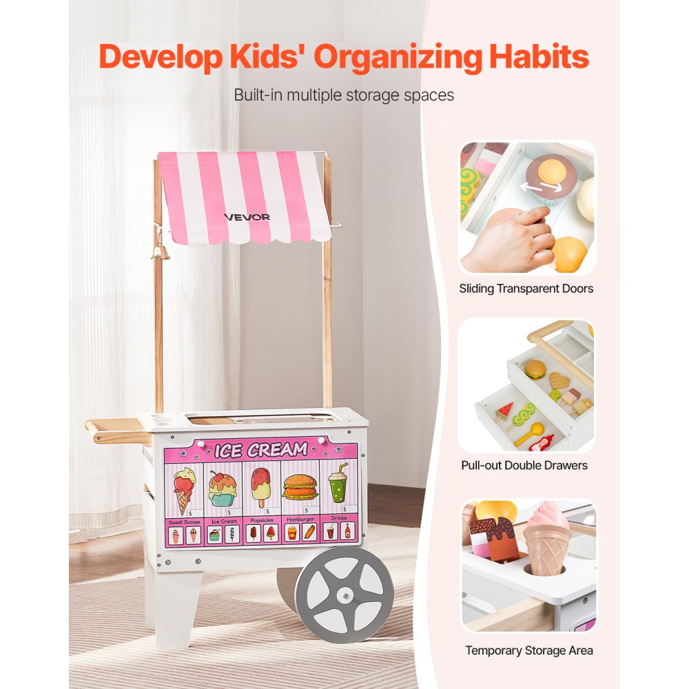 VEVOR Ice Cream Cart for Kids, 20+ PCS Accessories, Pretend Play Ice Cream Shop Kitchen Food Toys with Ice Cream Cone & Popsicle, Awning & Freezer, Storage Drawers & Flipping Menus, For Kids Aged 3-7