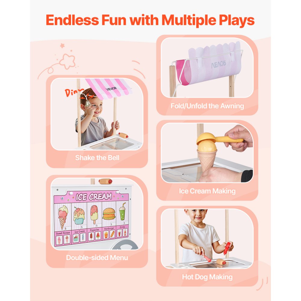 VEVOR Ice Cream Cart for Kids, 20+ PCS Accessories, Pretend Play Ice Cream Shop Kitchen Food Toys with Ice Cream Cone & Popsicle, Awning & Freezer, Storage Drawers & Flipping Menus, For Kids Aged 3-7