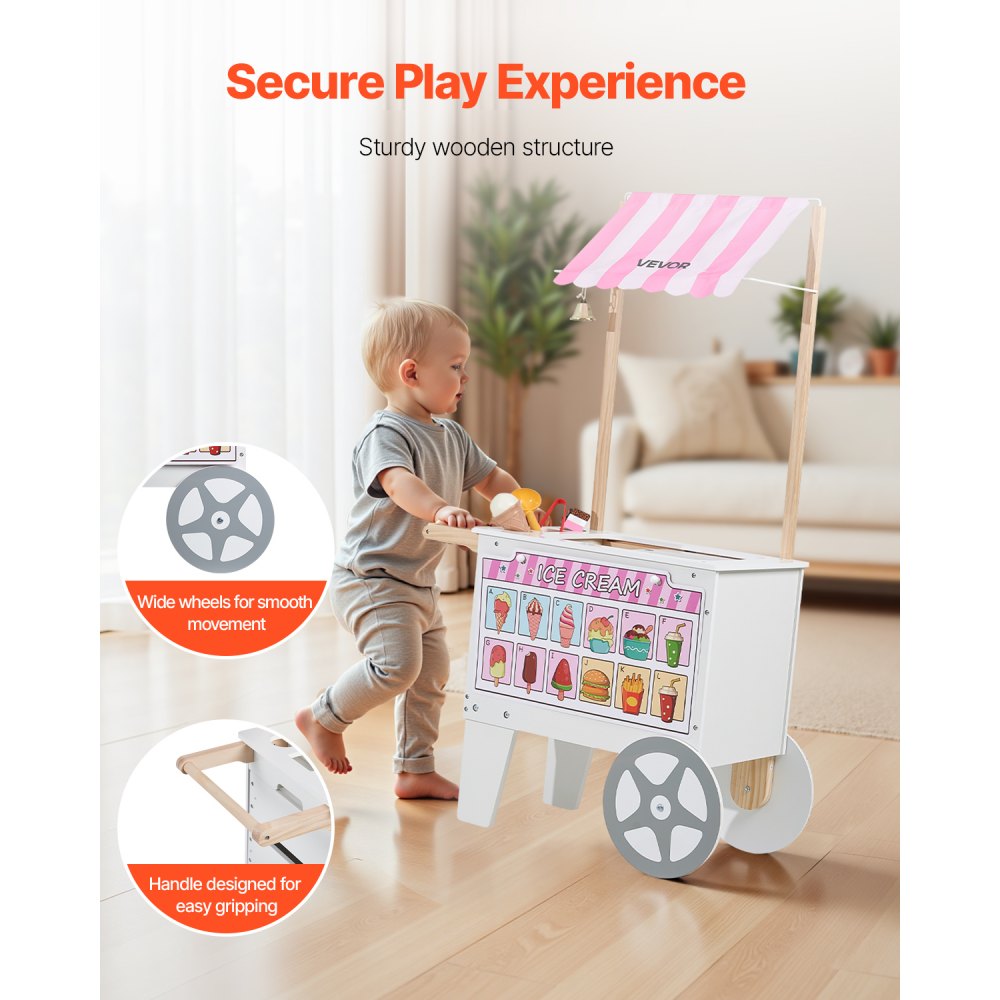 VEVOR Ice Cream Cart for Kids, 20+ PCS Accessories, Pretend Play Ice Cream Shop Kitchen Food Toys with Ice Cream Cone & Popsicle, Awning & Freezer, Storage Drawers & Flipping Menus, For Kids Aged 3-7