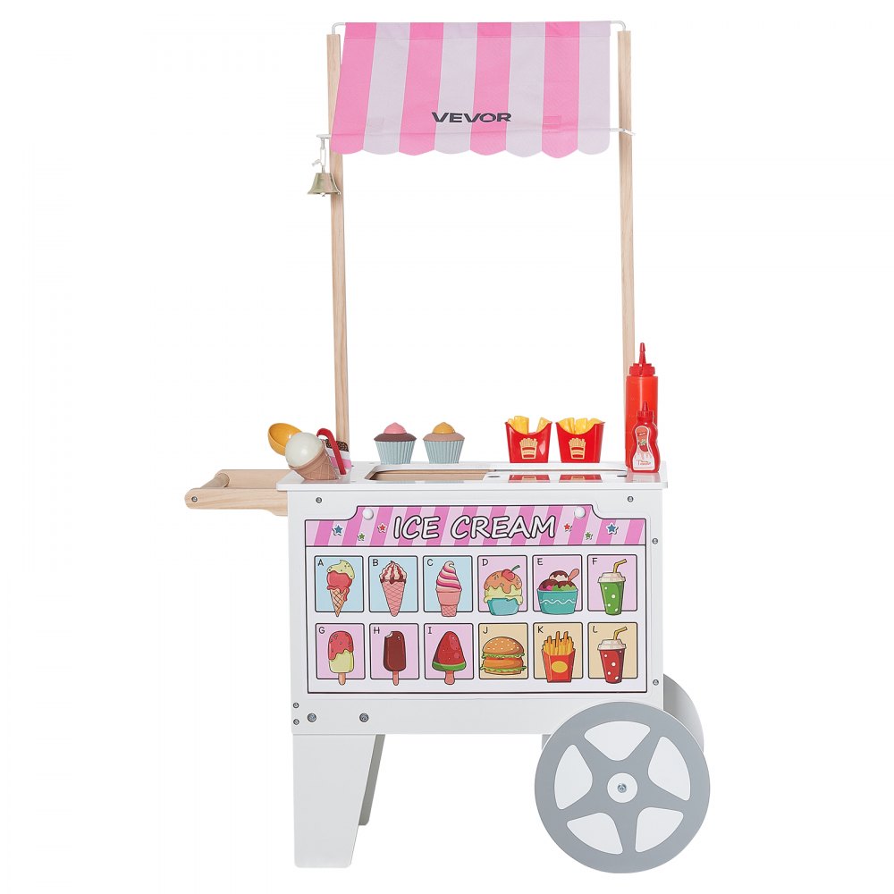 VEVOR Ice Cream Cart for Kids, 20+ PCS Accessories, Pretend Play Ice Cream Shop Kitchen Food Toys with Ice Cream Cone & Popsicle, Awning & Freezer, Storage Drawers & Flipping Menus, For Kids Aged 3-7