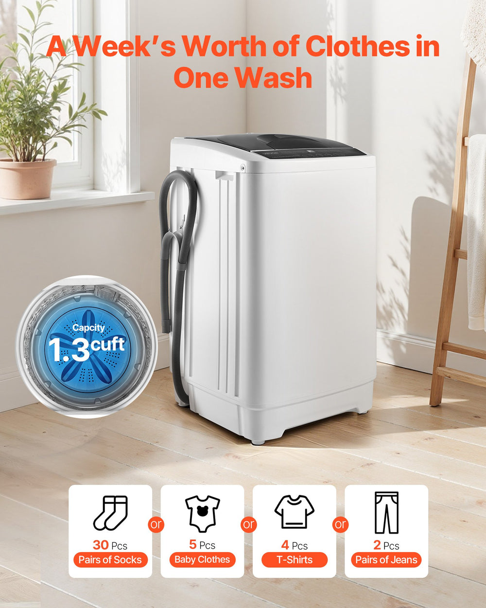 VEVOR Portable Washing Machine - lifestyle image (1.3 cu.ft capacity)