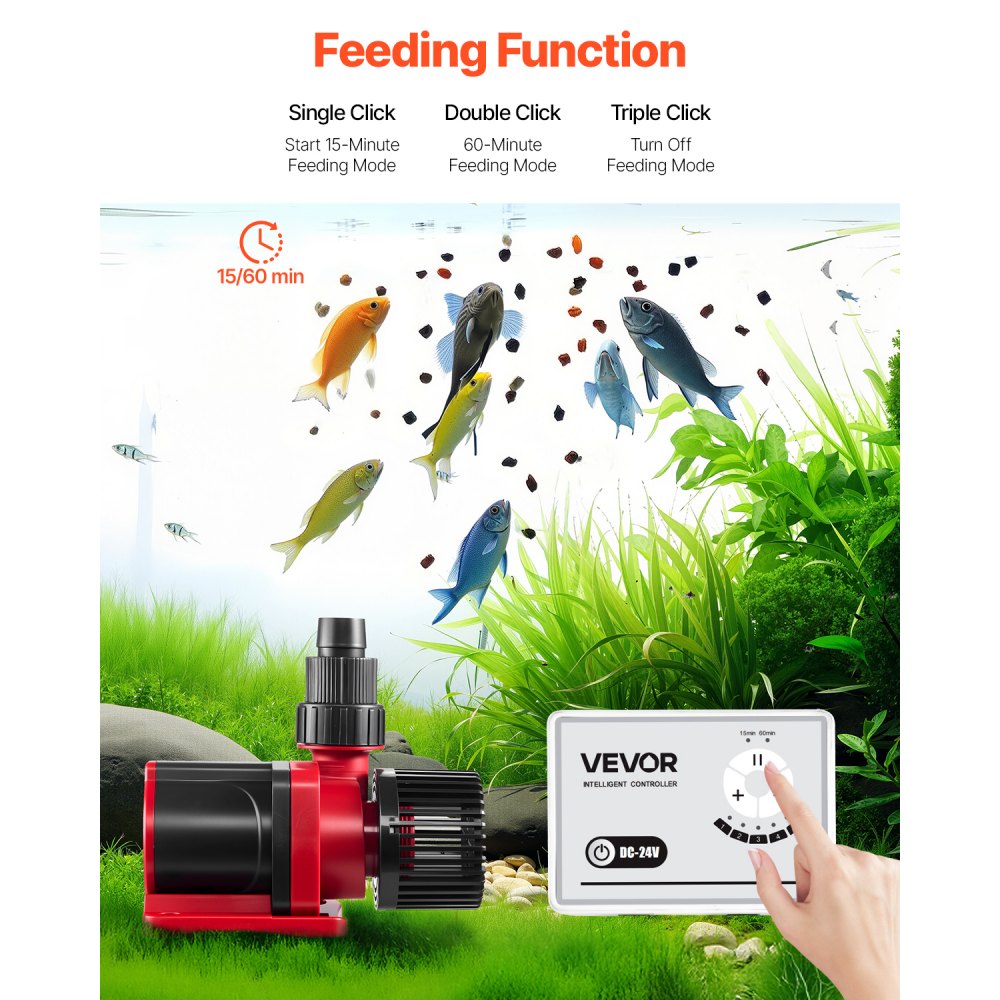 VEVOR Aquarium 24V DC Water Pump, 60W, 1750 GPH Marine Wavemaker Return Pump with Controller, Adjustable Flow, Feed Mode, 16 ft Maximum Lift, for Saltwater Freshwater Fish Tank Sump Pond Circulation