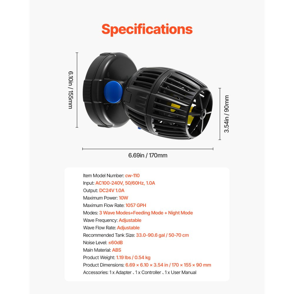 VEVOR Aquarium Wave Maker, 10W, 1057 GPH Quiet and Strong DC Powerhead, Adjustable Fish Tank Circulation Pump with Controller, Strong Magnetic Base, 360° Rotating Wavemaker, for Freshwater Saltwater