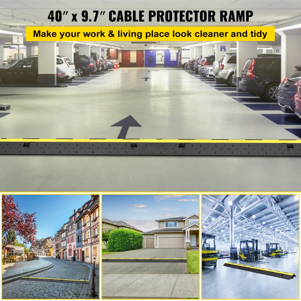 VEVOR Cable Protector Ramp, 4 Packs 2 Channels Speed Bump Hump, Rubber Modular Speed Bump Rated 11000 LBS Load Capacity, Protective Wire Cord Ramp Driveway Rubber Traffic Speed Bumps Cable Protector