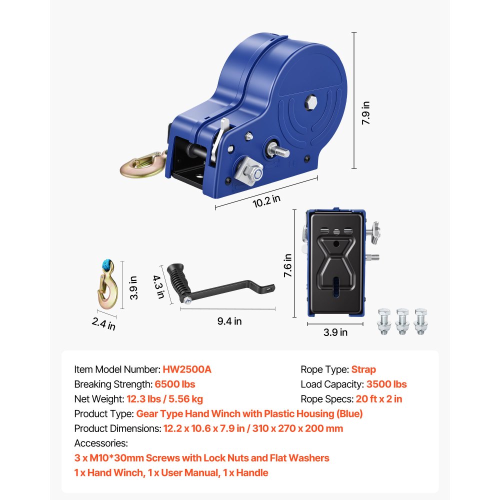 VEVOR Boat Winch, 3500 lbs Hand Winch, Heavy Duty Manual Rope Crank with 20ft Gray-Black Polyester Strap, Portable Two-Way Ratchet, Anti-Slip Handle Gear for Boat Trailer ATV Towing