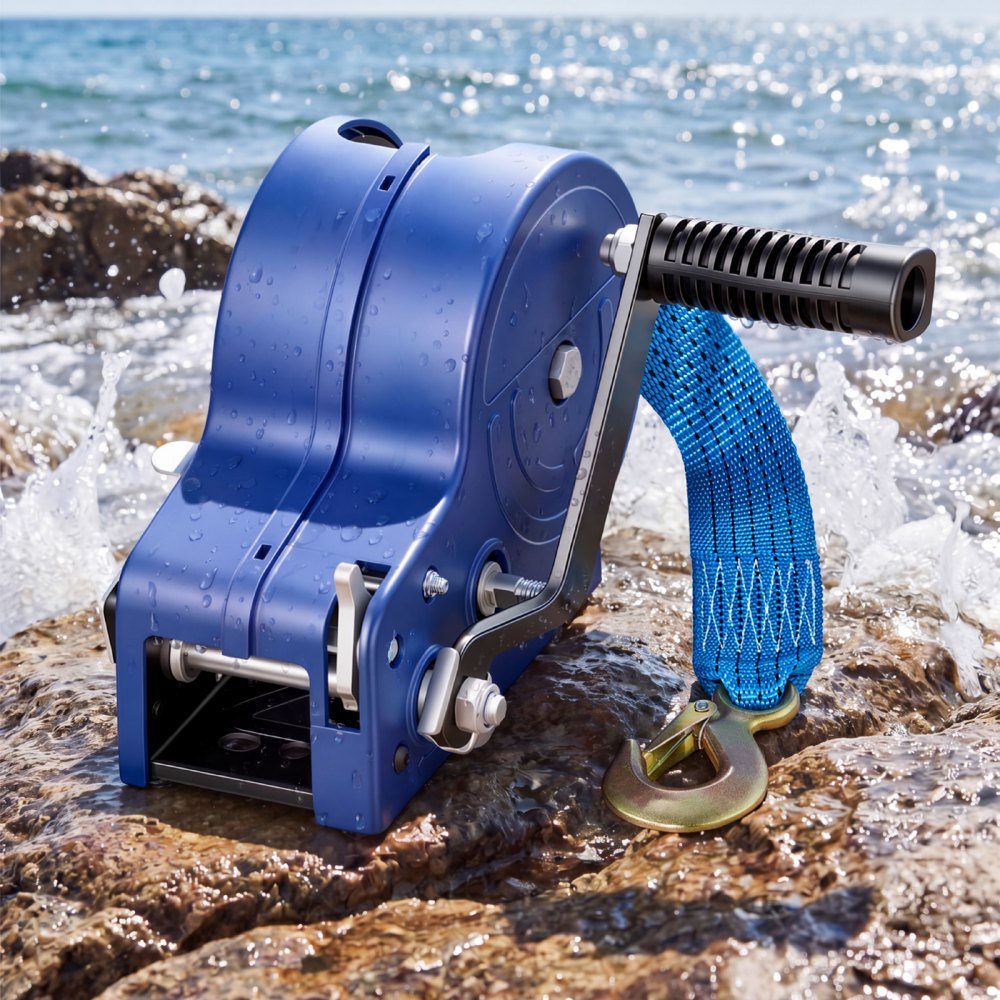 VEVOR Boat Winch, 3500 lbs Hand Winch, Heavy Duty Manual Rope Crank with 20ft Gray-Black Polyester Strap, Portable Two-Way Ratchet, Anti-Slip Handle Gear for Boat Trailer ATV Towing