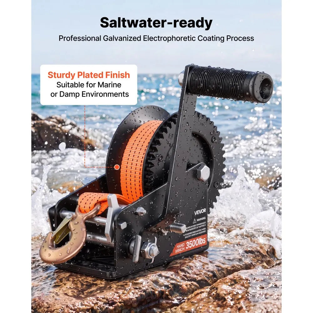 VEVOR Boat Winch, 3500 lbs Hand Winch, Heavy Duty Manual Rope Crank with 20ft Orange Polyester Strap, Portable Two-Way Ratchet, 2 Speed Switchable, Anti-Slip Handle Gear for Boat Trailer ATV Towing