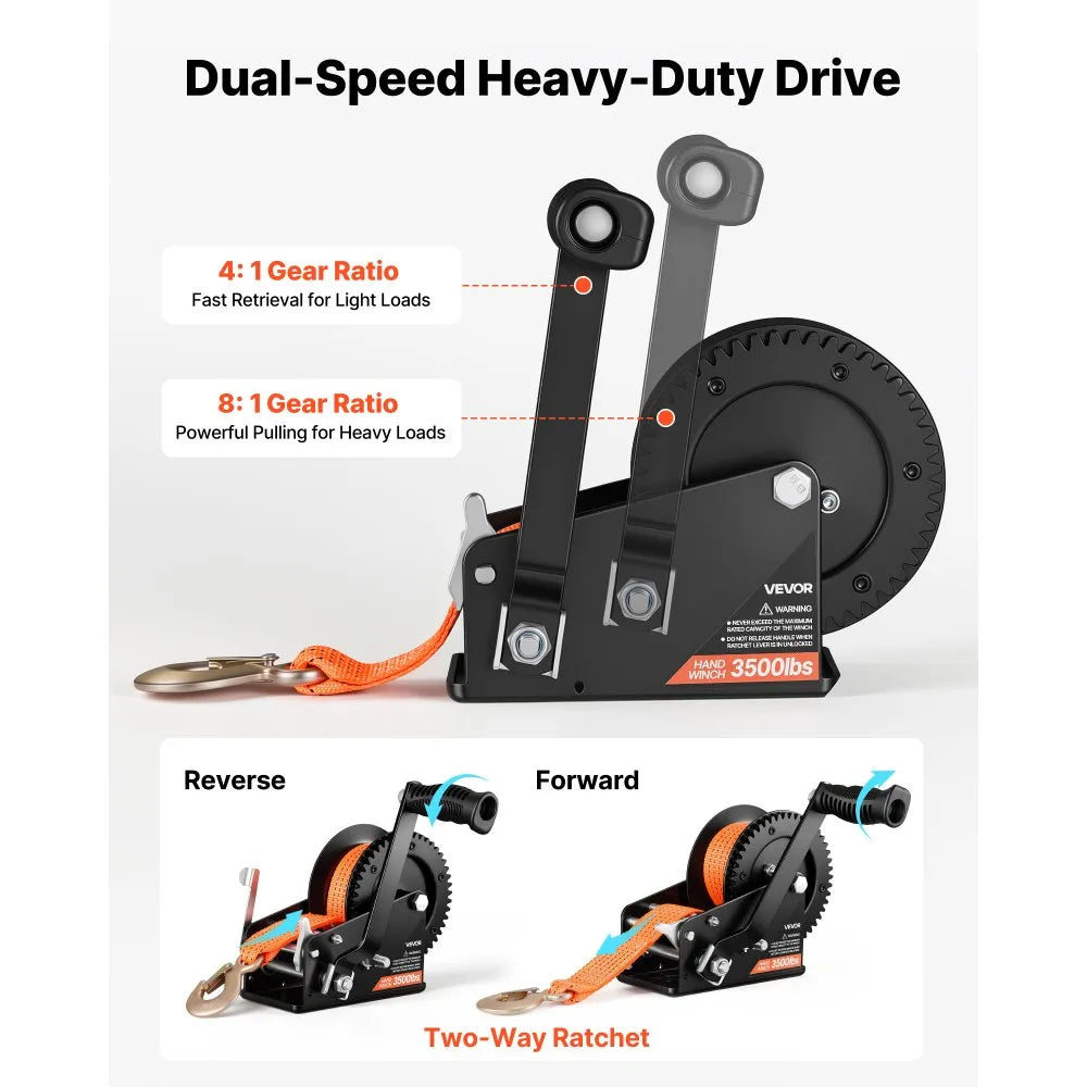 VEVOR Boat Winch, 3500 lbs Hand Winch, Heavy Duty Manual Rope Crank with 20ft Orange Polyester Strap, Portable Two-Way Ratchet, 2 Speed Switchable, Anti-Slip Handle Gear for Boat Trailer ATV Towing