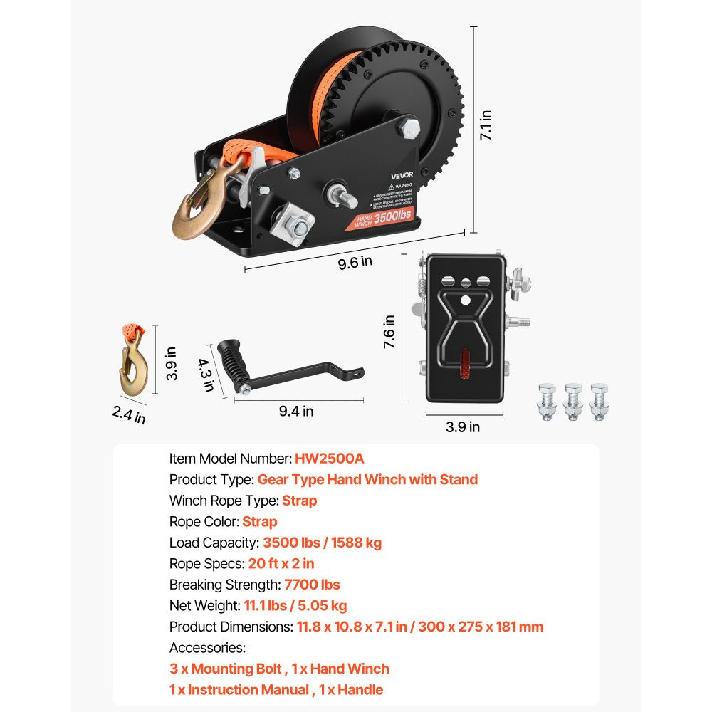 VEVOR Boat Winch, 3500 lbs Hand Winch, Heavy Duty Manual Rope Crank with 20ft Orange Polyester Strap, Portable Two-Way Ratchet, 2 Speed Switchable, Anti-Slip Handle Gear for Boat Trailer ATV Towing