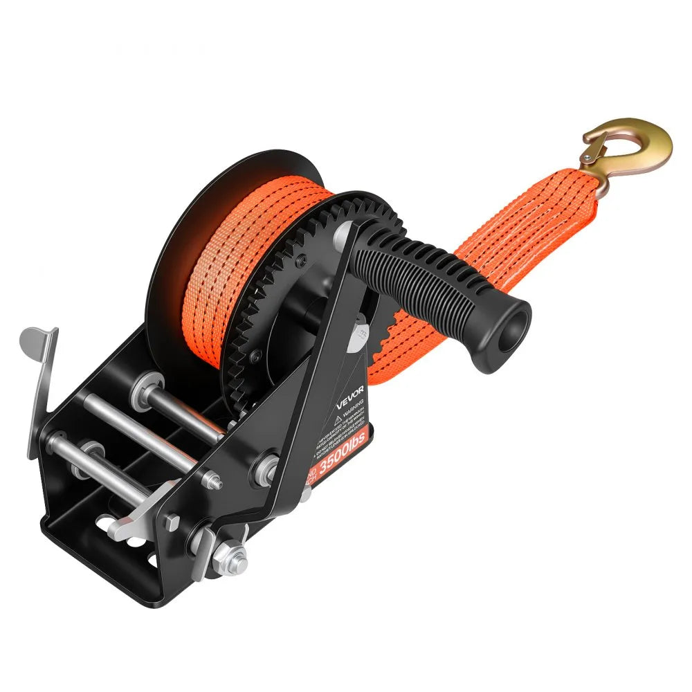 VEVOR Boat Winch, 3500 lbs Hand Winch, Heavy Duty Manual Rope Crank with 20ft Orange Polyester Strap, Portable Two-Way Ratchet, 2 Speed Switchable, Anti-Slip Handle Gear for Boat Trailer ATV Towing