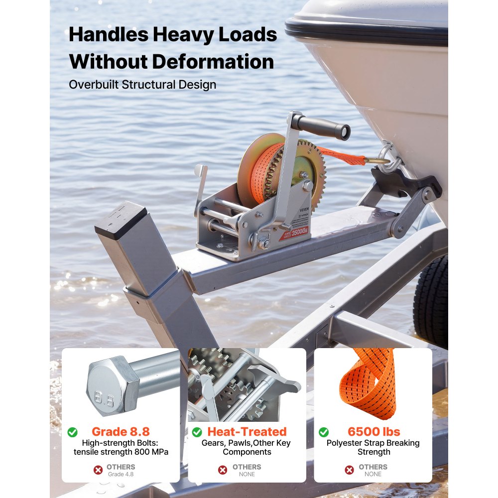 VEVOR Boat Winch, 3500 lbs Hand Winch, Heavy Duty Manual Rope Crank with 20ft Orange Polyester Strap, Portable Two-Way Ratchet, 2 Speed Switchable, Anti-Slip Handle Gear for Boat Trailer ATV Towing