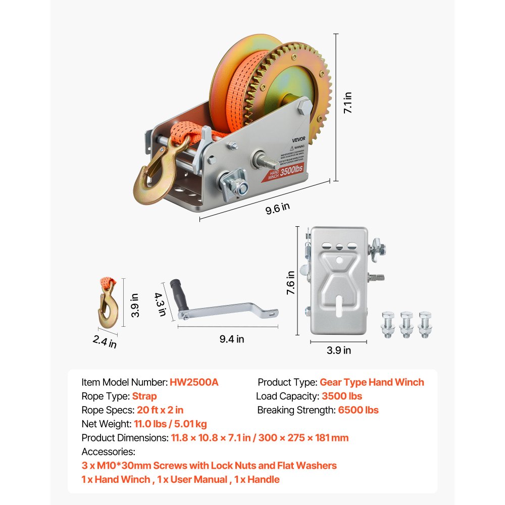 VEVOR Boat Winch, 3500 lbs Hand Winch, Heavy Duty Manual Rope Crank with 20ft Orange Polyester Strap, Portable Two-Way Ratchet, 2 Speed Switchable, Anti-Slip Handle Gear for Boat Trailer ATV Towing