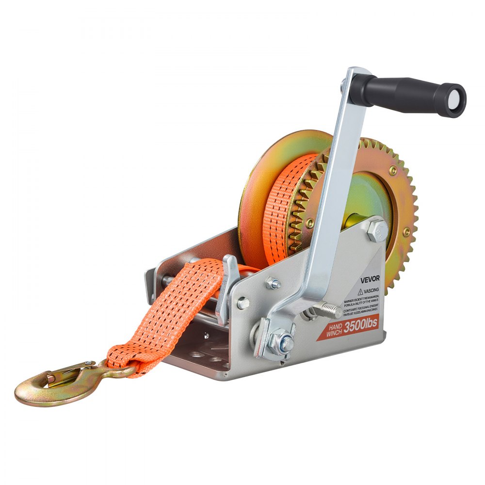 VEVOR Boat Winch, 3500 lbs Hand Winch, Heavy Duty Manual Rope Crank with 20ft Orange Polyester Strap, Portable Two-Way Ratchet, 2 Speed Switchable, Anti-Slip Handle Gear for Boat Trailer ATV Towing