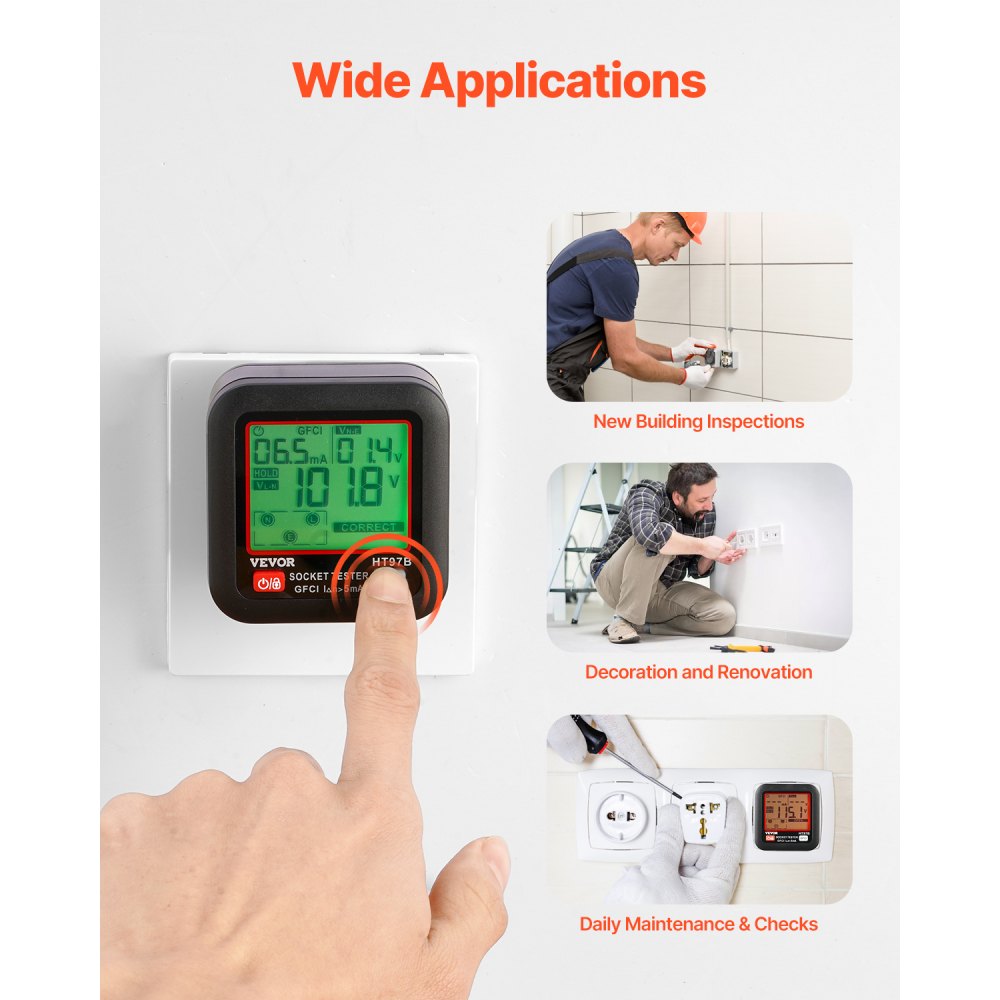 VEVOR Outlet Tester, Electrical GFCI Trip Tester, LCD Display Receptacle Detector for 7 Common Wiring Faults, 3 Prong Socket Detector with Auto Shutoff & Low Battery Indicator, CAT II 300V Rating