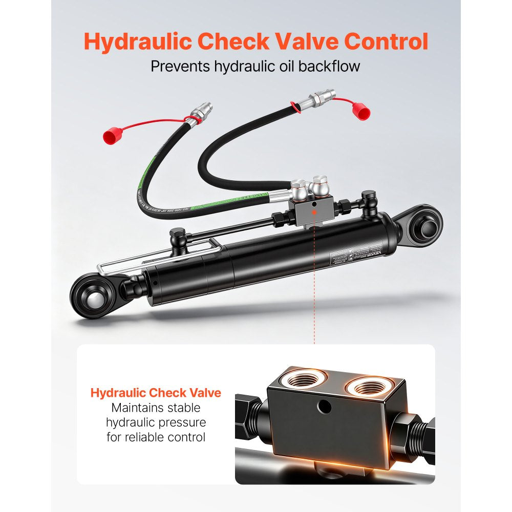 VEVOR Hydraulic Top Link Cat. 2-2 (11 in Stroke, 22-7/16 in to 33-7/16 in), Max 2900PSI Hydraulic Cylinder with 2 Hoses & G3/8" Check Valves for Tractors