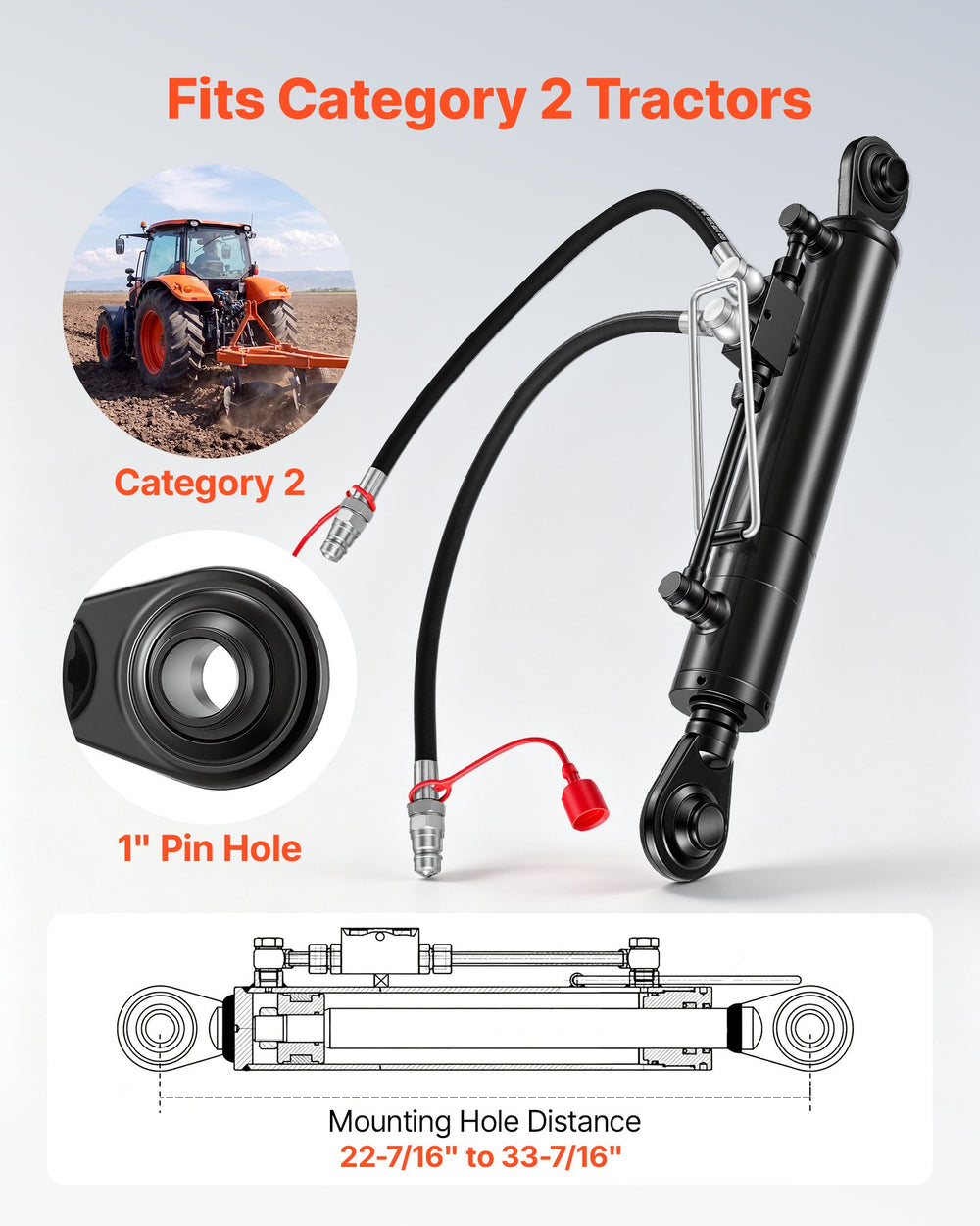 VEVOR Hydraulic Top Link Cat. 2-2 (11 in Stroke, 22-7/16 in to 33-7/16 in), Max 2900PSI Hydraulic Cylinder with 2 Hoses & G3/8" Check Valves for Tractors