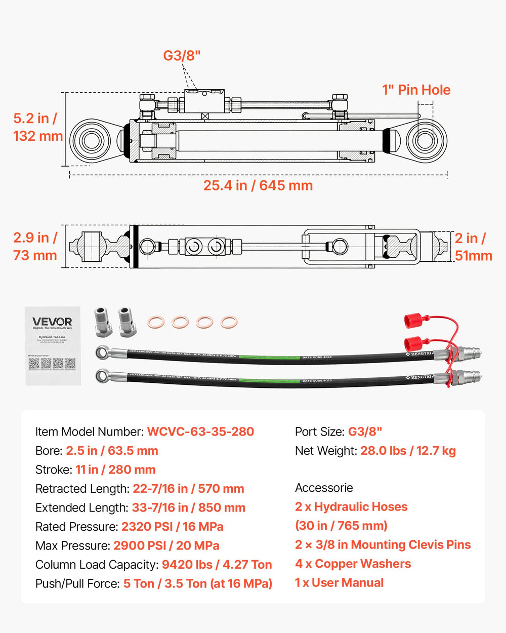 VEVOR Hydraulic Top Link Cat. 2-2 (11 in Stroke, 22-7/16 in to 33-7/16 in), Max 2900PSI Hydraulic Cylinder with 2 Hoses & G3/8" Check Valves for Tractors